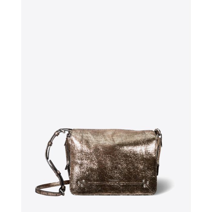 Sac rectangulaire Igor Jérôme Dreyfuss en cuir lamé champagne. Vue face. 