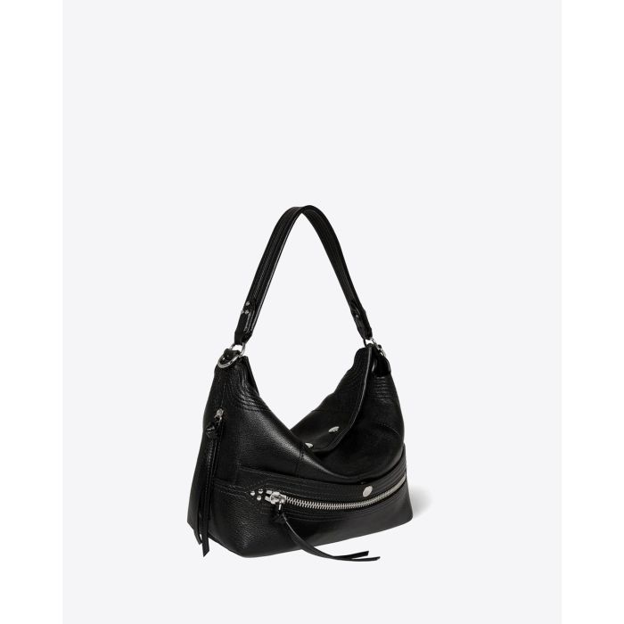 Sac Hobo Lucky Hobo Jérôme Dreyfuss en cuir noir silver. Vue profil.