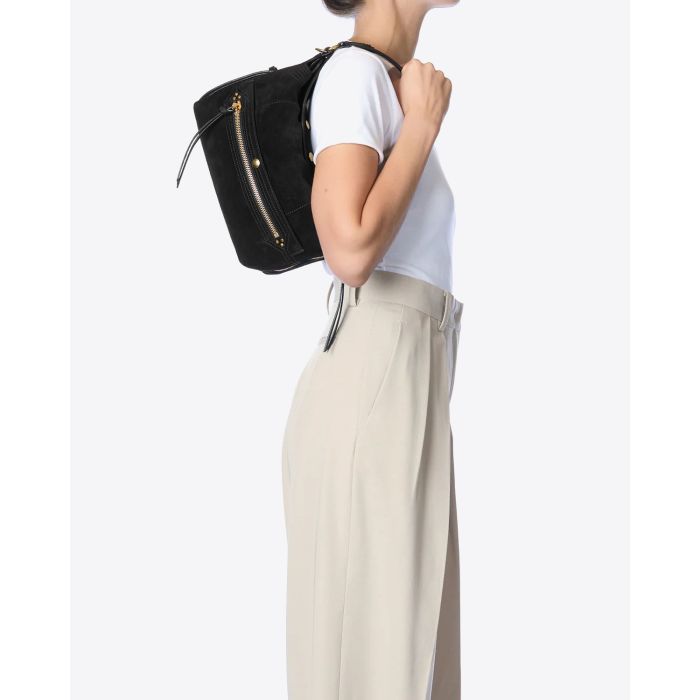 Sac Hobo Lucky Hobo Jérôme Dreyfuss en cuir suédé noir Vue porté à l'épaule 