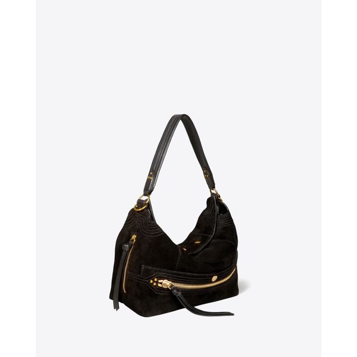 Sac Hobo Lucky Hobo Jérôme Dreyfuss en cuir suédé noir Vue profil.