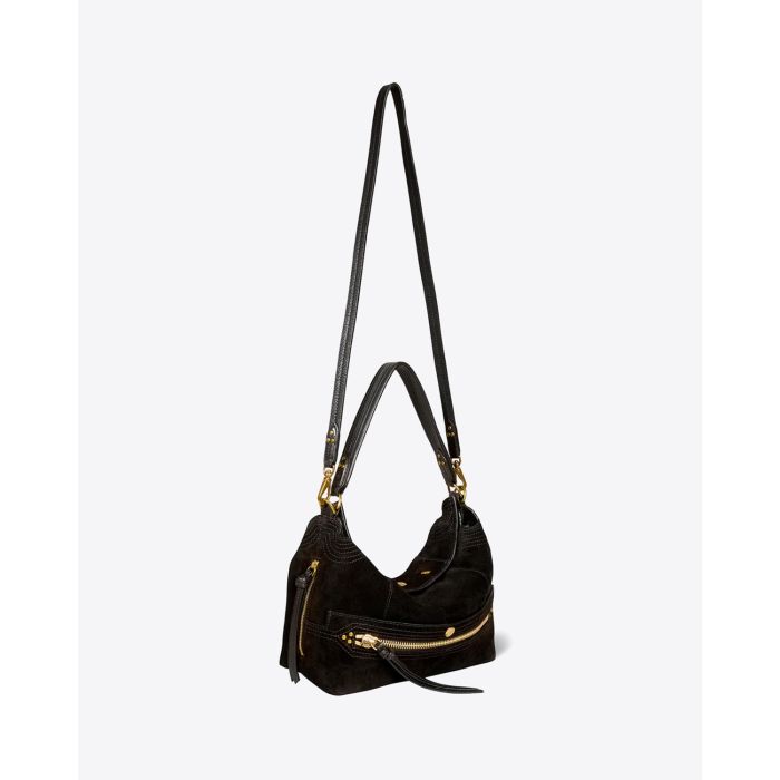Sac Hobo Lucky Hobo Jérôme Dreyfuss en cuir suédé noir Vue profil avec bandoulière.