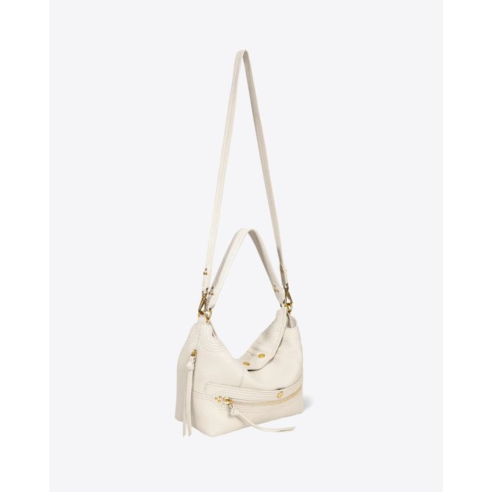 Sac Hobo Lucky Hobo Jérôme Dreyfuss en cuir grainé écru. Vue profil avec bandoulière 