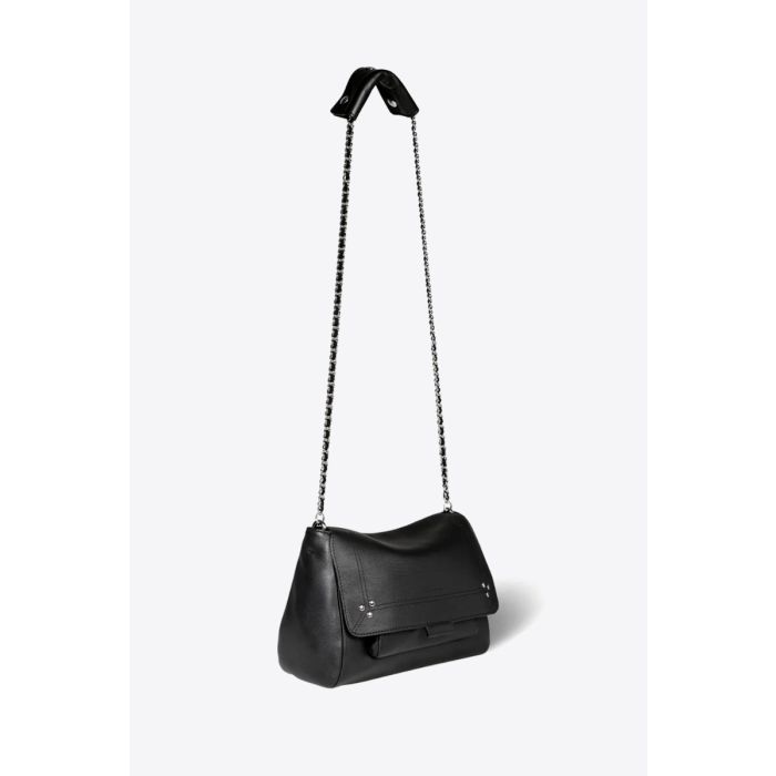 Sac Lulu M Jérôme Dreyfuss en cuir de veau noir finition silver. Vue de profil pendoulière longue.