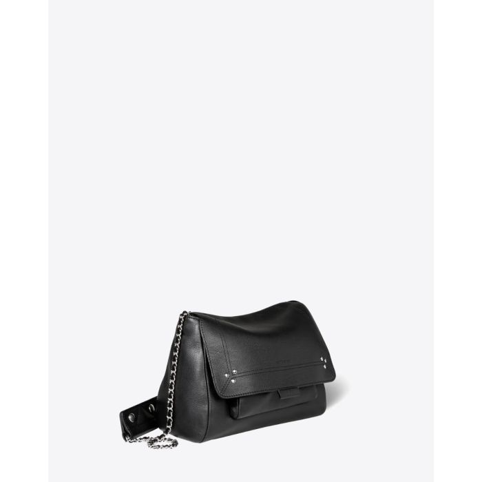 Sac Lulu M Jérôme Dreyfuss en cuir de veau noir finition silver. Vue de profil.