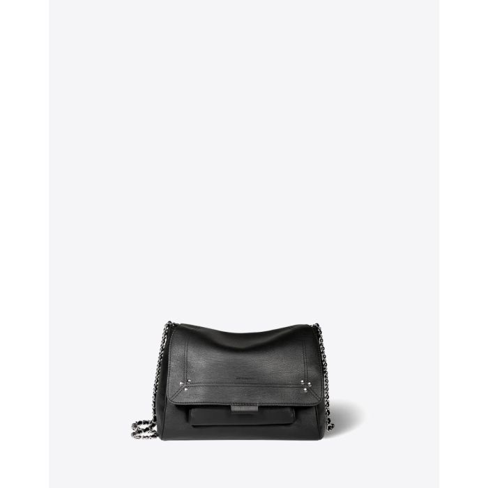 Sac Lulu M Jérôme Dreyfuss en cuir de veau noir finition silver. Vue de face.