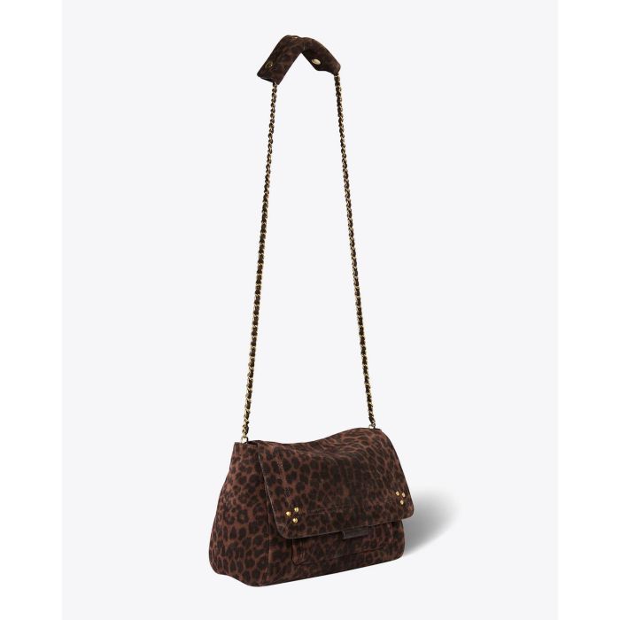 Sac Lulu M en cuir suédé léopard naturel Jérôme Dreyfuss. Bandoulière longue pour un porté épaule ou croisé.