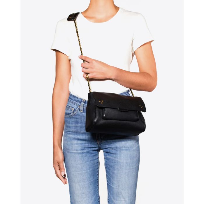 Sac Lulu M Jérôme Dreyfuss en cuir de veau noir. Vue porté bandoulière