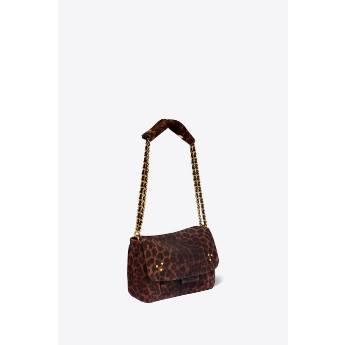 Sac Lulu S Jérôme Dreyfuss en cuir suédé léopard naturel. Vue de profil bandoulière chaîne courte.