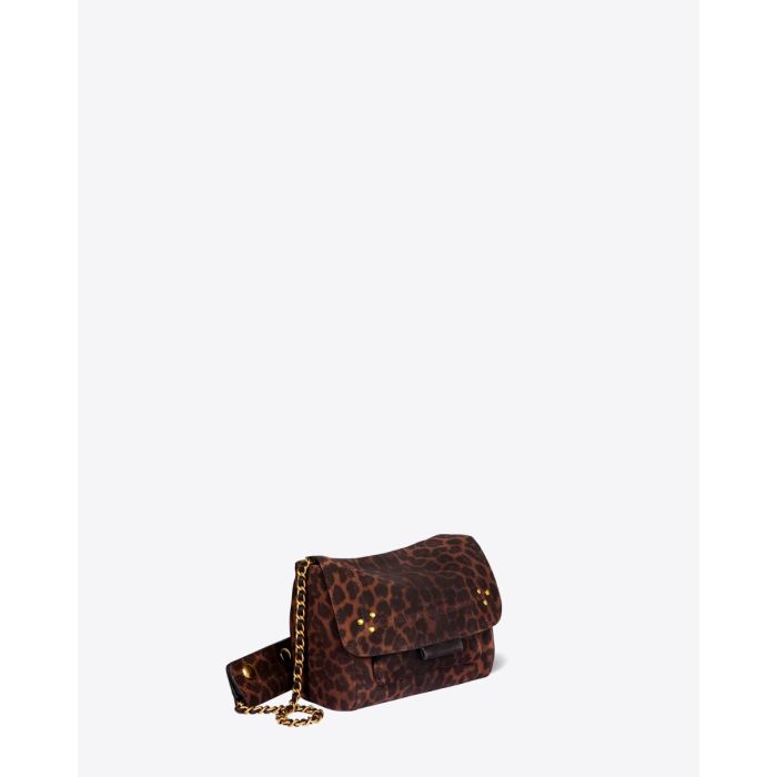 Sac Lulu S Jérôme Dreyfuss en cuir suédé léopard naturel. Vue de profil.