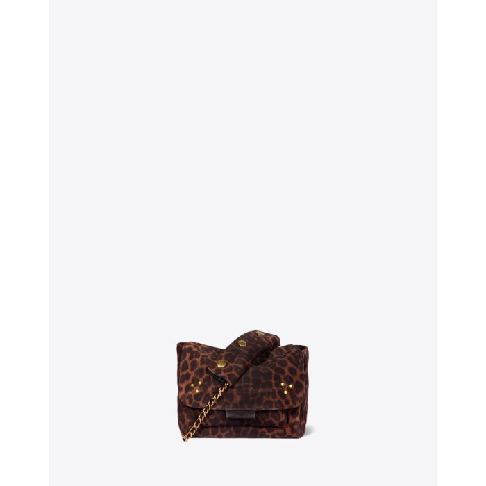 Sac Lulu S Jérôme Dreyfuss en cuir suédé léopard naturel. Vue de face.