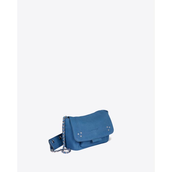 Petit Sac Lulu S Jérôme Dreyfuss en cuir suédé nubuck bleu. Vue profil. 
