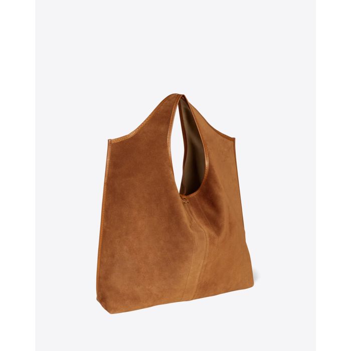 Sac cabas Paco Jérôme Dreyfuss en cuir suédé marron. Vue profil.