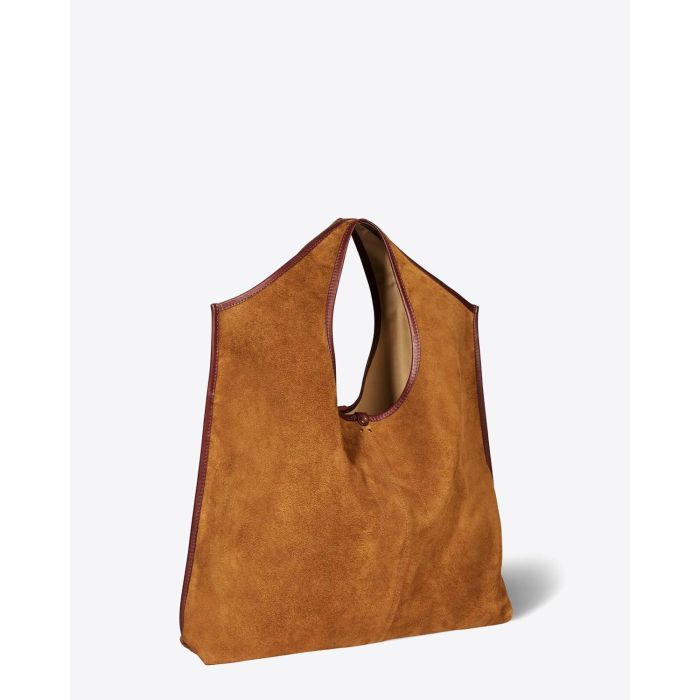 Sac Paco Jérôme Dreyfuss en cuir velours suédé tabac. Vue profil. 