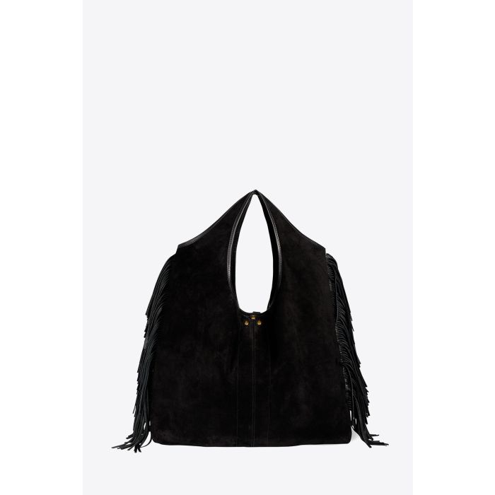 Sac à franges en cuir suédé Haenyeo noir Jérôme Dreyfuss. Capsule SS25. Détail des franges vue de face. 