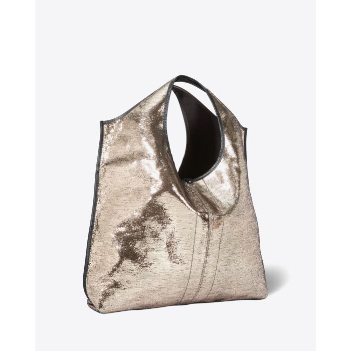 Sac Paco Jérôme Dreyfuss en cuir lamé champagne. Vue profil.