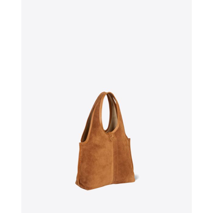 Sac petit cabas souple Paco S Jérôme Dreyfuss en cuir suédé marron. Vue profil.
