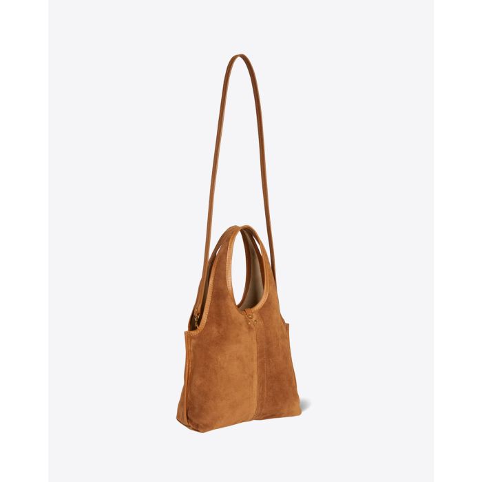 Sac petit cabas souple Paco S Jérôme Dreyfuss en cuir suédé marron. Vue profil