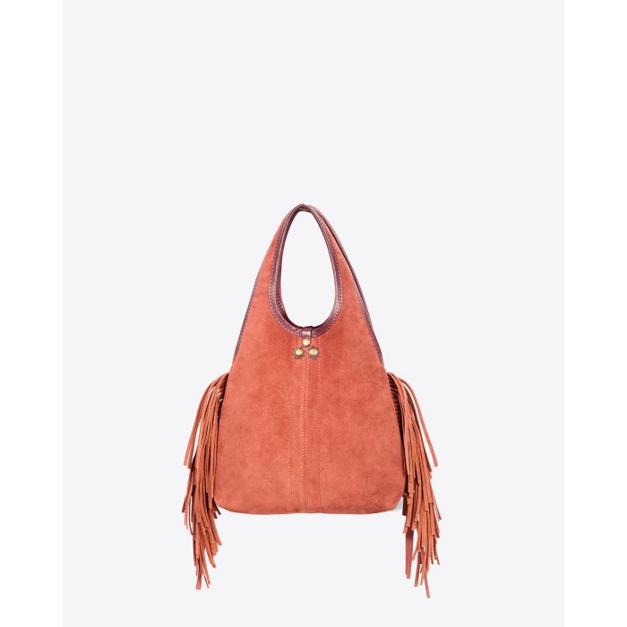 Mini-sac à franges bandoulière amovible en cuir suédé Haenyeo Terracotta Jérôme Dreyfuss. Capsule SS25. Détail des franges vue de face. 