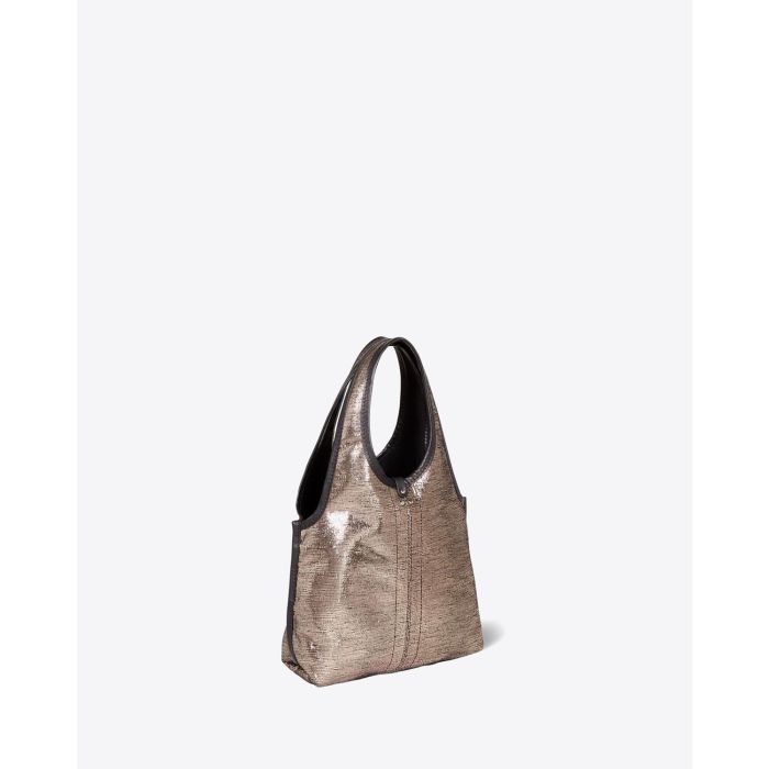 Sac petit cabas souple Paco S Jérôme Dreyfuss en cuir lamé champagne. Vue profil