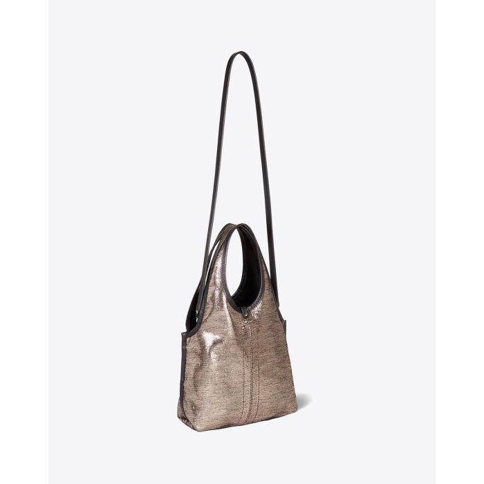 Sac petit cabas souple Paco S Jérôme Dreyfuss en cuir lamé champagne. Vue profil.