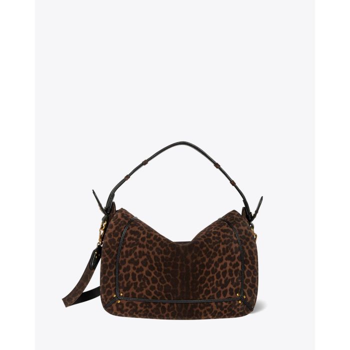 Sac grand format Pepito L Jérôme Dreyfuss en cuir suédé imprimé léopard. Vue face. 