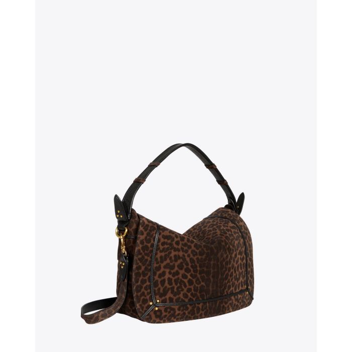 Sac grand format Pepito L Jérôme Dreyfuss en cuir suédé imprimé léopard. Vue profil. 
