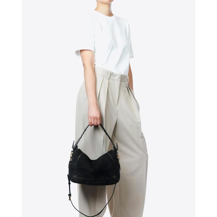 Sac besace Pépito L Jérôme Dreyfuss en cuir suédé noir. Porté à la main. 
