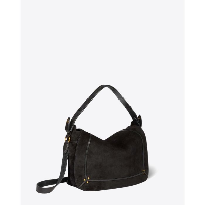 Sac besace Pépito L Jérôme Dreyfuss en cuir suédé noir. Vue profil.