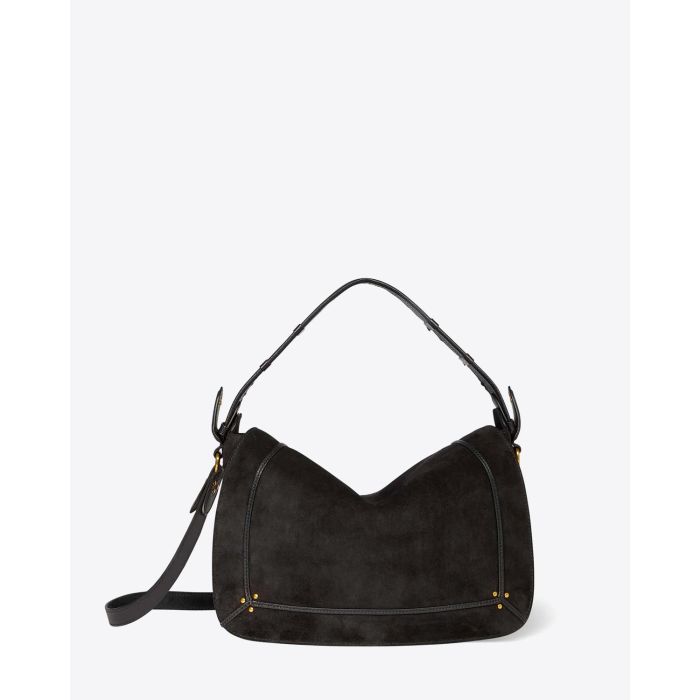 Sac besace Pépito L Jérôme Dreyfuss en cuir suédé noir. Vue profil avec bandoulière. 