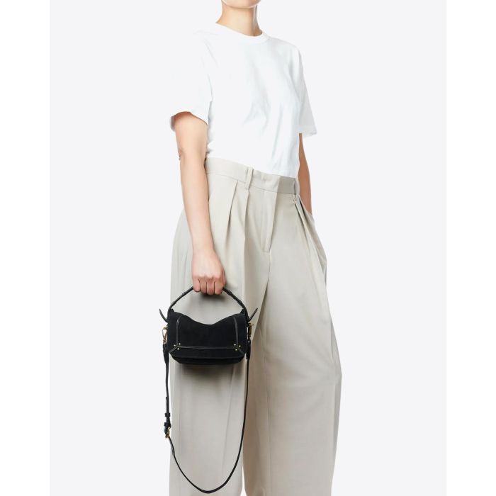 Sac besace Pepito S Jérôme Dreyfuss en cuir suédé noir. Porté main. 