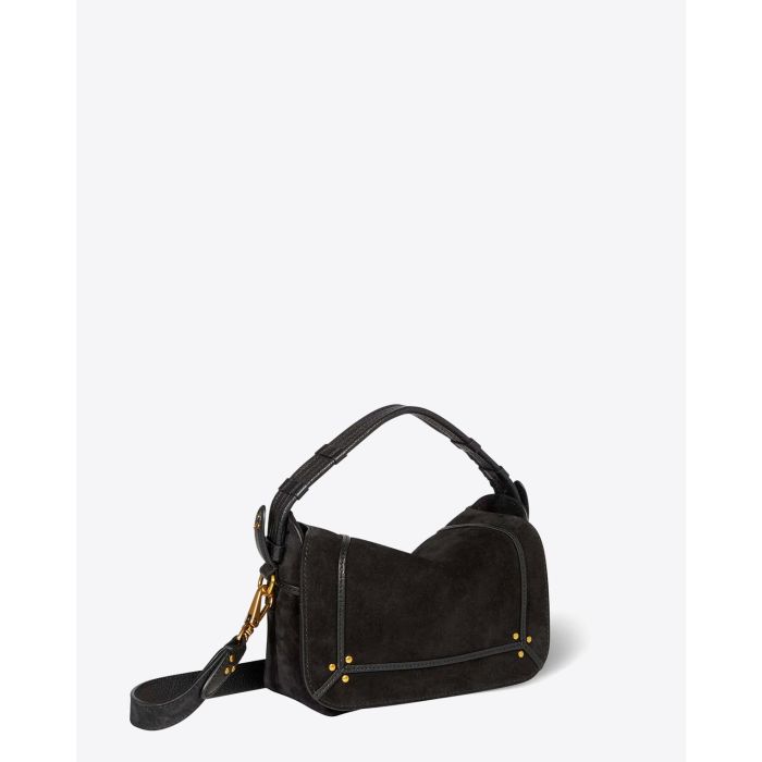 Sac besace Pepito S Jérôme Dreyfuss en cuir suédé noir. Vue profil.