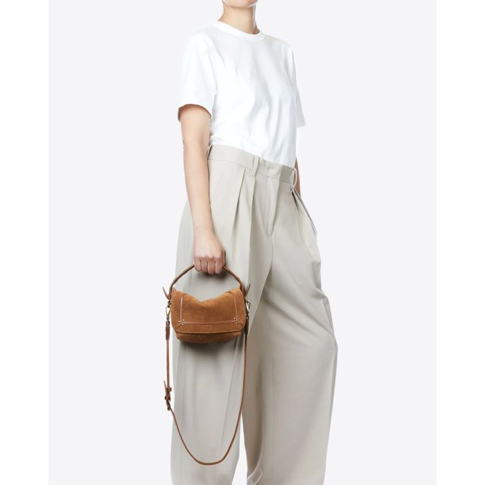 Petit sac besace Pepito S Jérôme Dreyfuss en cuir tabac. Porté main avec anse. 
