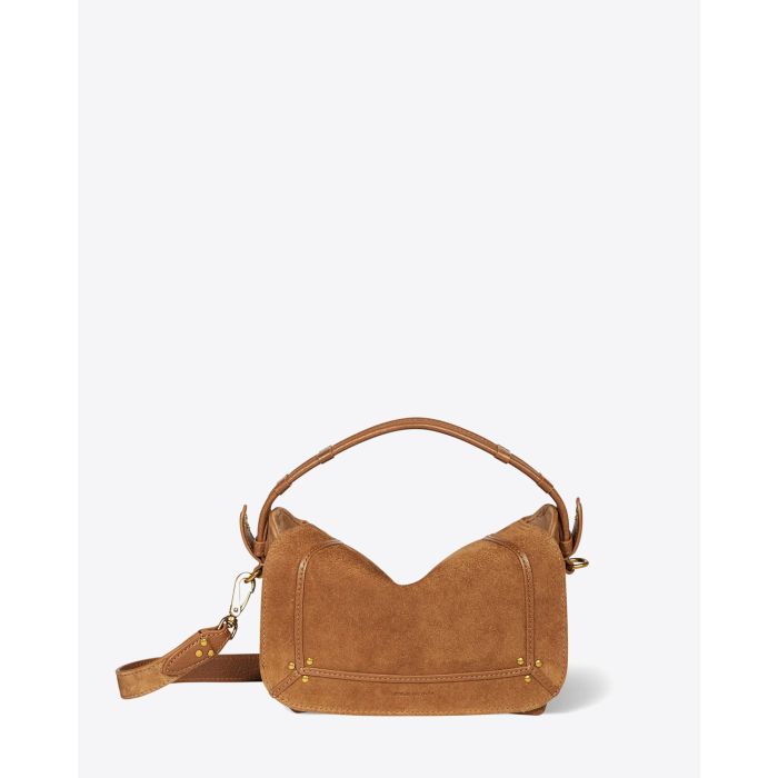 Petit sac besace Pepito S Jérôme Dreyfuss en cuir tabac. Vue face. 
