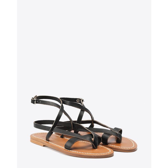 Sandales plates aubigne en cuir noir K.Jacques. Profil. 

