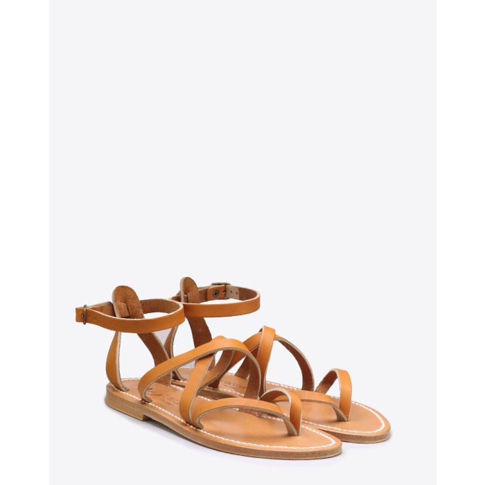 Sandales plates Caravelle en cuir naturel K.Jacques. Face.