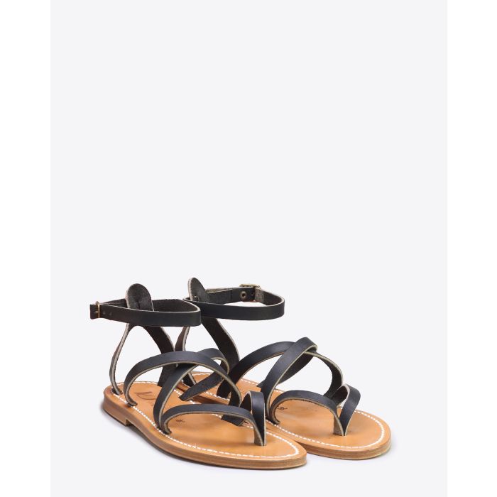 Sandales plates Epicure en cuir noir K.Jacques. Face.