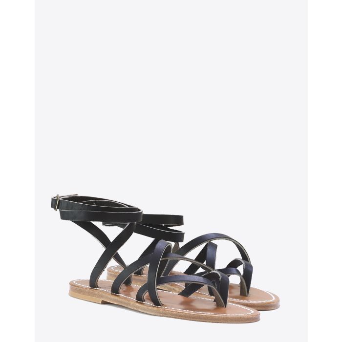 Sandales plates Zenobie en cuir noir K.Jacques. Face.