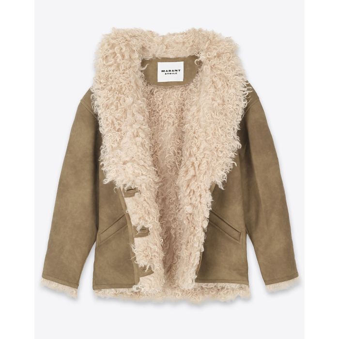 Manteau Clea Isabel Marant Etoile en faux mouton retourné taupe. Vue de face. Ouvert.