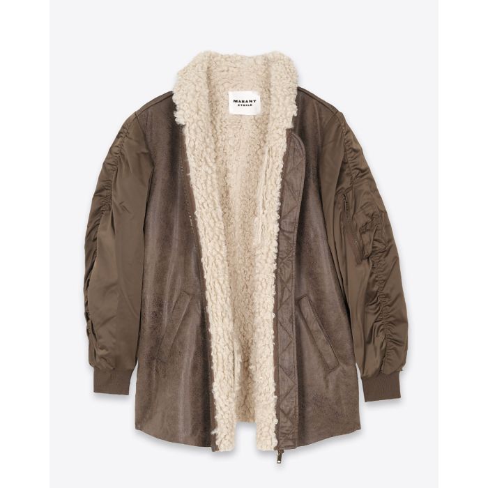 Manteau Ivana Isabel Marant Etoile en faux cuir effet mouton et manches bomber. Vue de face. Ouvert.