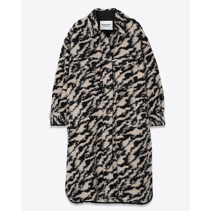 Manteau Fontizi Isabel Marant Etoile imprimé noir et beige. Vue face. Fermé. 