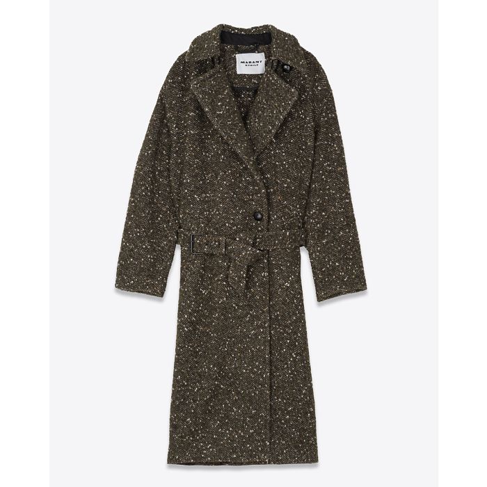 Manteau long en laine mélangé chinée kaki Horia Marant Etoile. Ceinturé.