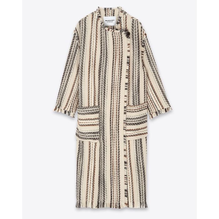 Manteau long à rayures Initaf Isabel Marant Etoile en coton et laine mélangés écru. Vue de face. Fermé.