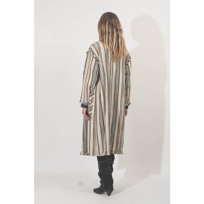 Manteau long à rayures Initaf Isabel Marant Etoile en coton et laine mélangés écru. Porté de dos.