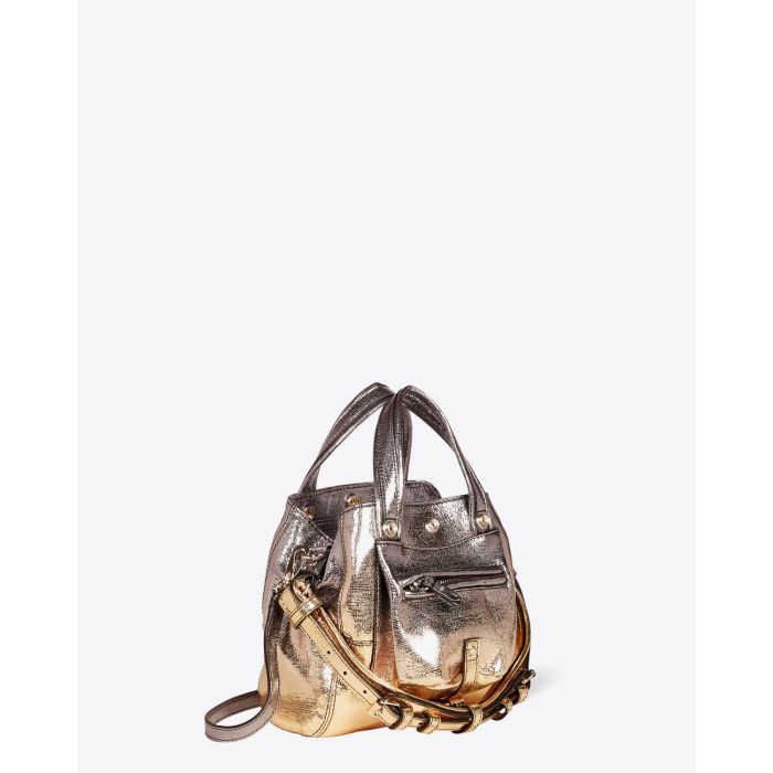Mini-sac forme cabas Billy Nano en cuir de chèvre lamé dégradé or Jérôme Dreyfuss. Profil.