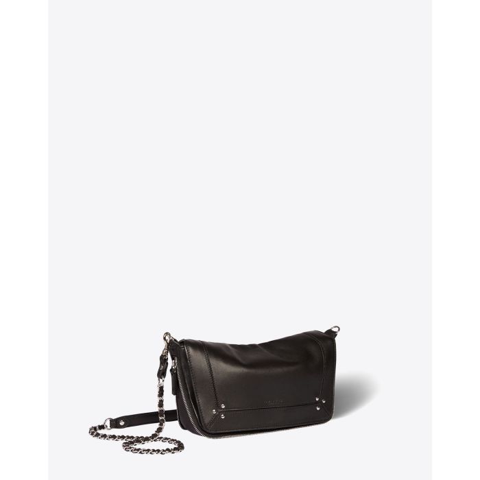 Mini-sac en cuir noir finition argent bandoulière chaine Bobi S Jérôme Dreyfuss. Profil. Détail Zip.
