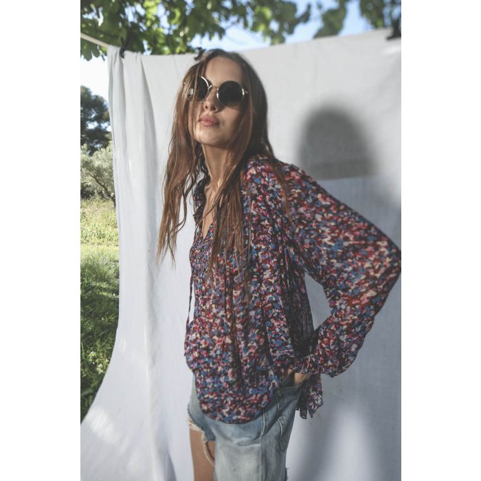 Blouse manches longues en voile viscose imprimée bleue et rose Daytonea Marant Etoile. 