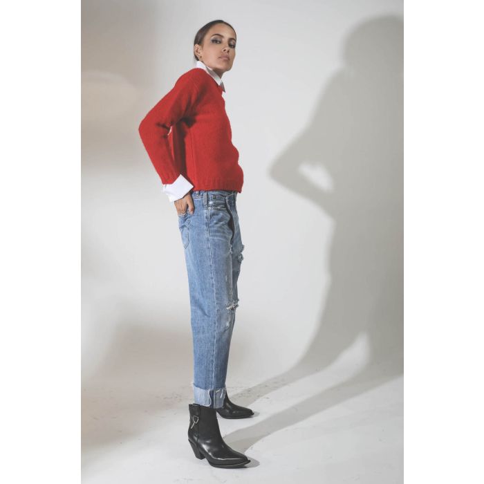 Jean Crossover bleu ciel déchiré delavage Emory r13. Porté de profil.