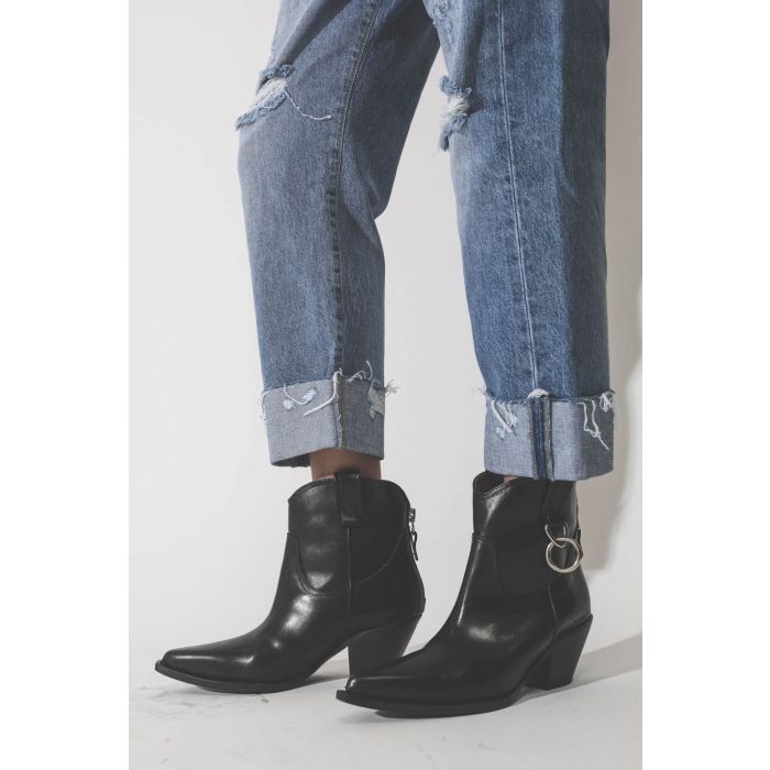 Boots Santiags en cuir noir à talons détail anneaux argent Cowboy W/Ring R13.