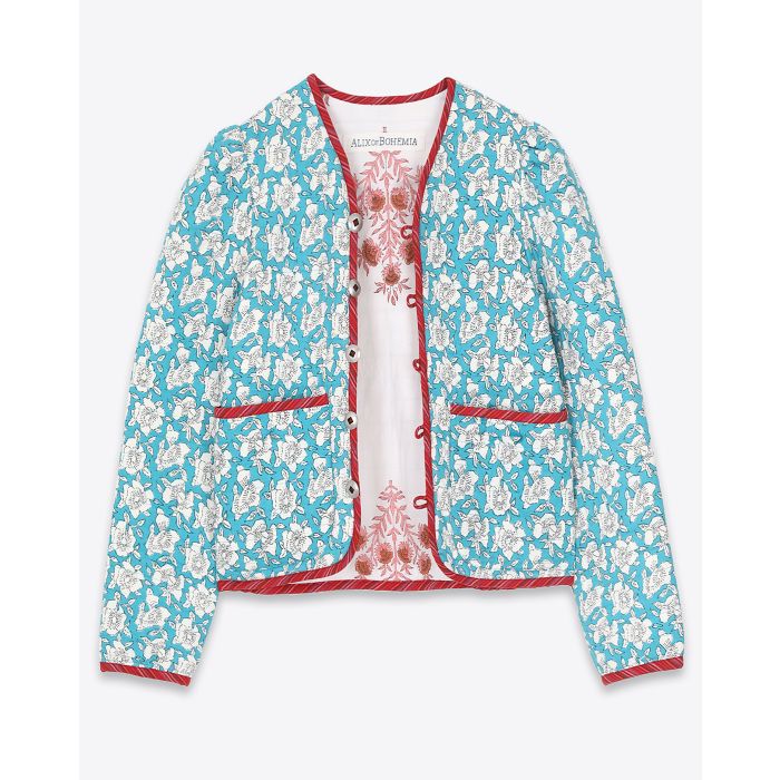 Veste en boutis imprimée fleurs bleu ciel Alix Of Bohemia. face ouverte.