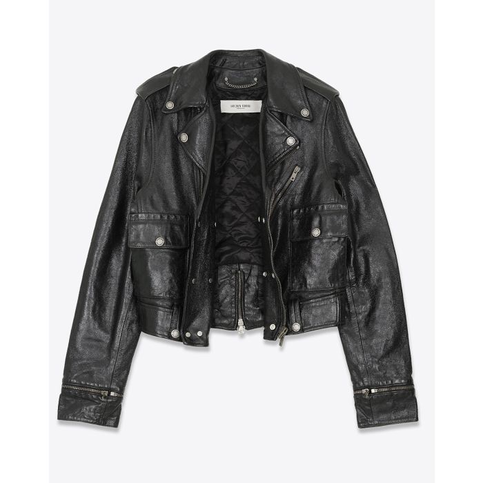 Veste perfecto Nevada Golden Goose en cuir noir. Vue de face ouverte.